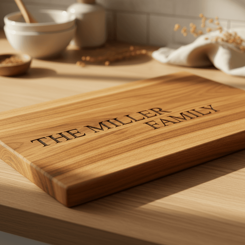 Engraved wooden cutting board with family name