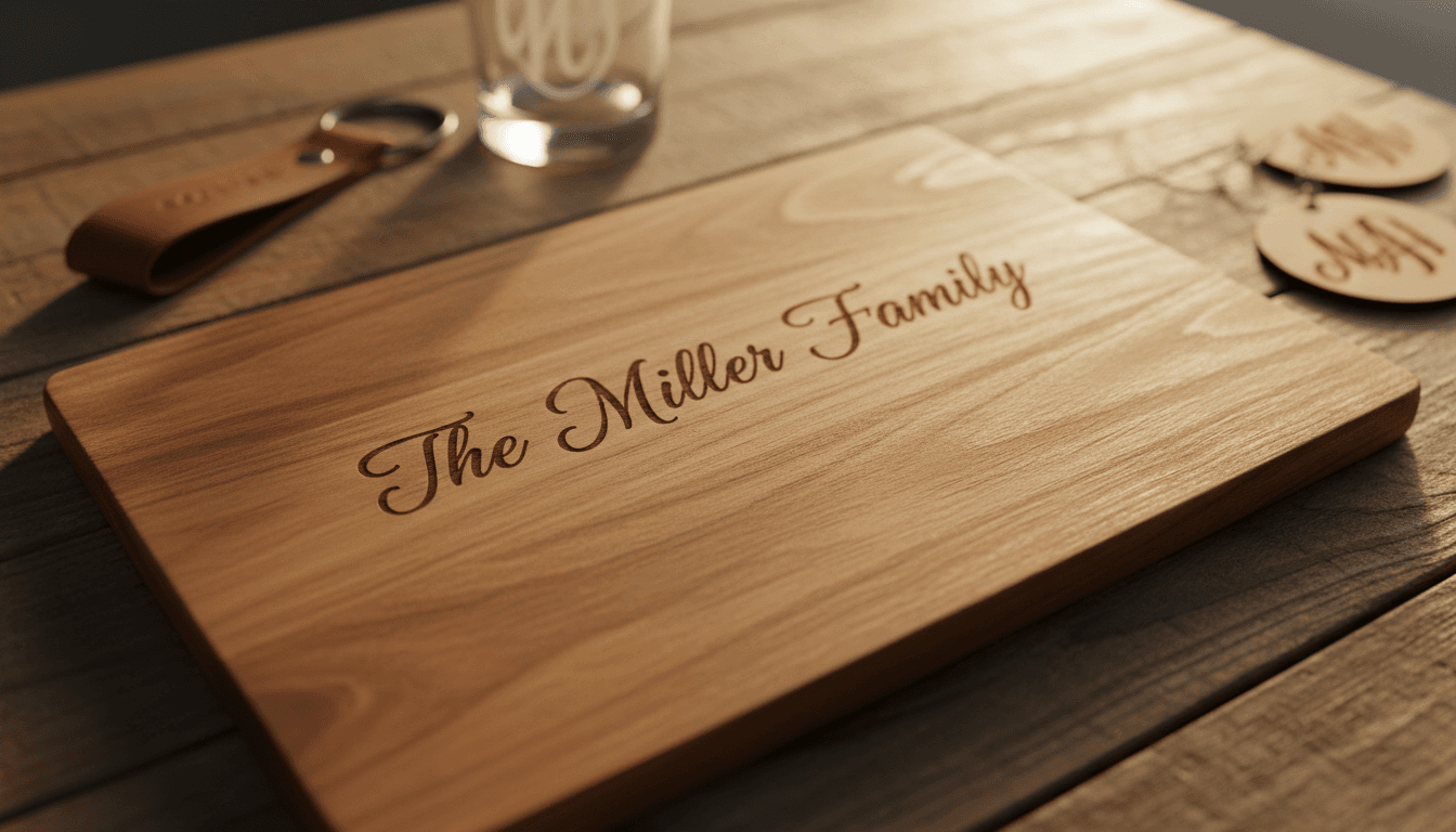 Custom-engraved wooden cutting board with personalized family name alongside other engraved leather and glass items