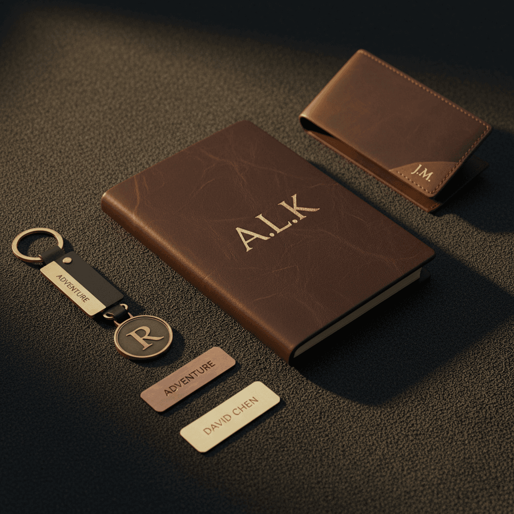 Luxury leather and metal items with precision laser engraving