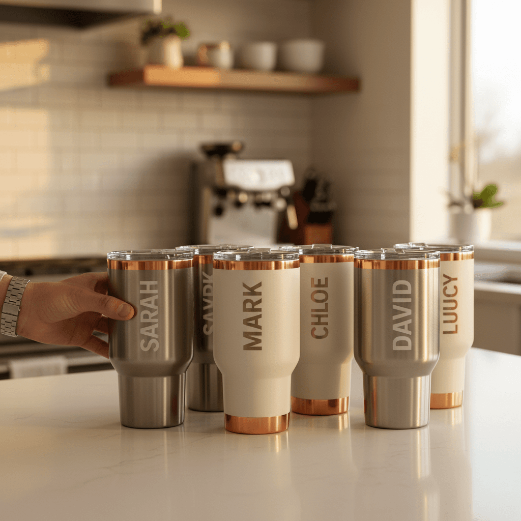 Multiple personalized Stanley mugs with custom name engravings