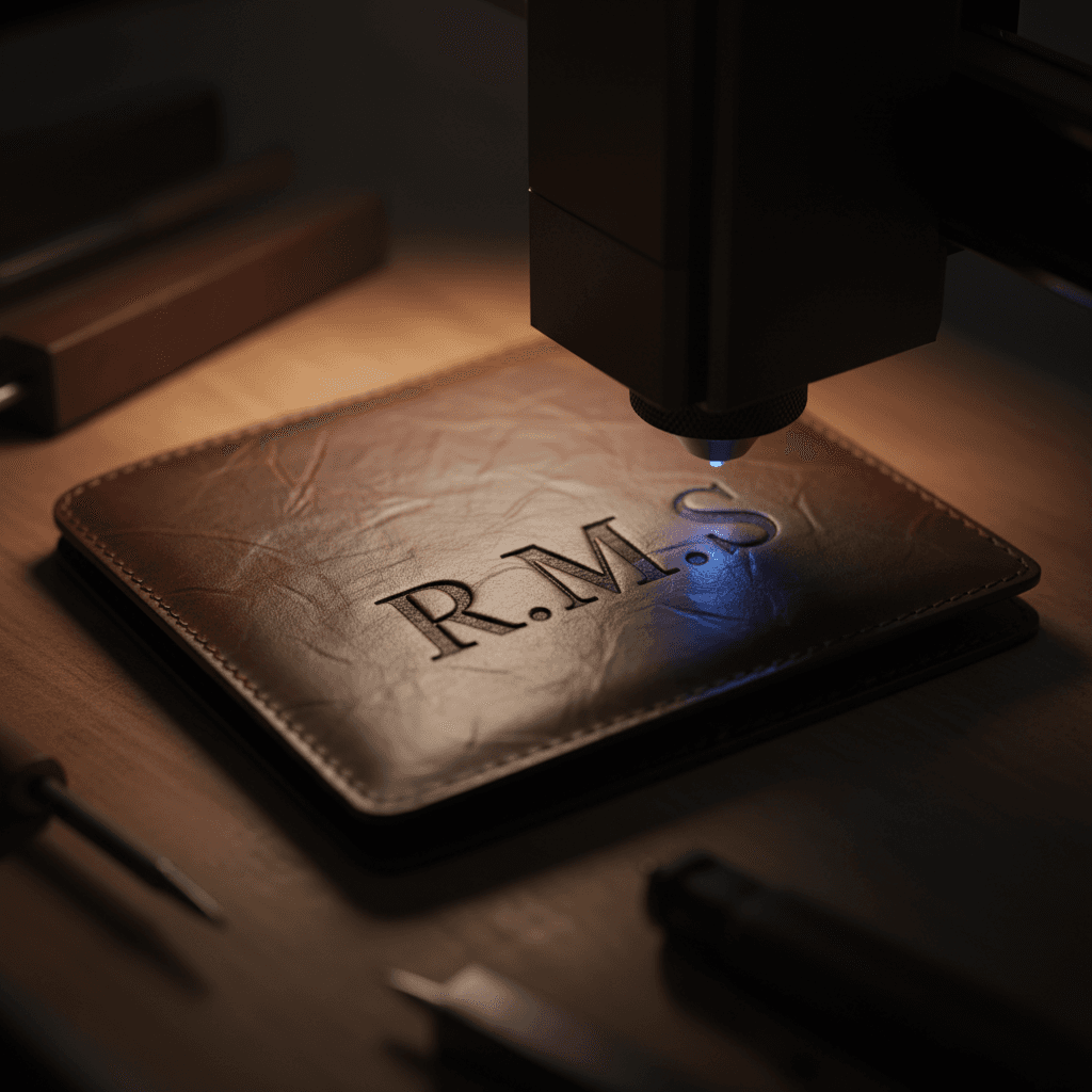 Leather wallet showing precise monogram engraving
