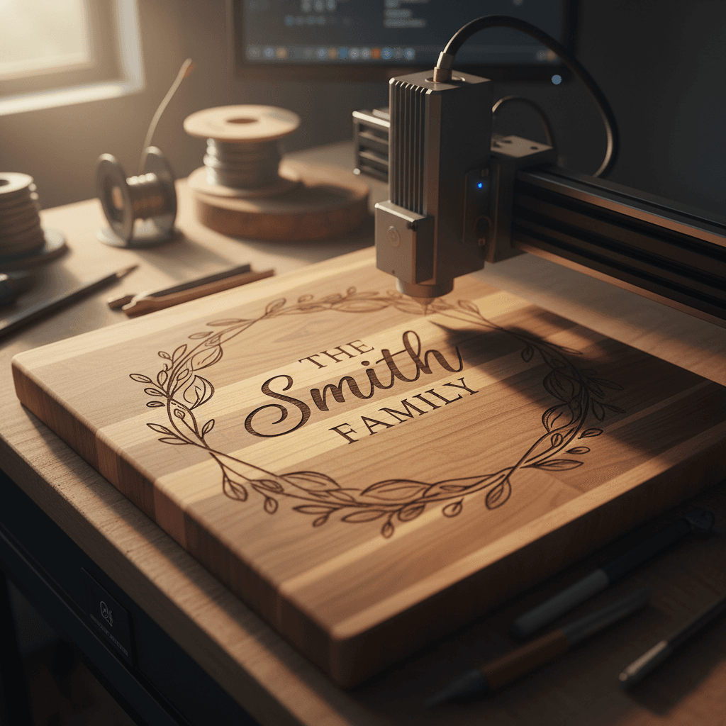 Wood cutting board being laser engraved with custom text