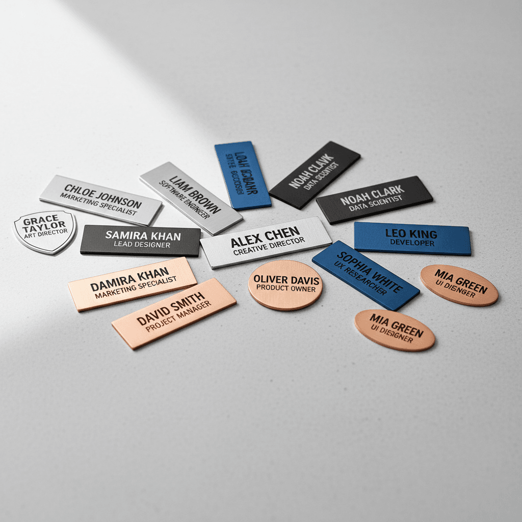 Multiple custom engraved name tags and badges