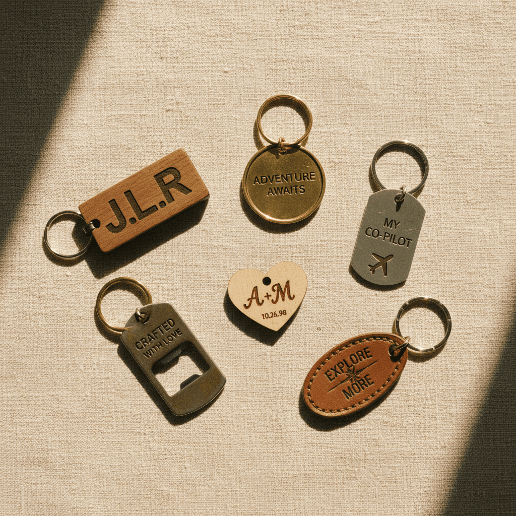 Assortment of engraved keychains and small gift items