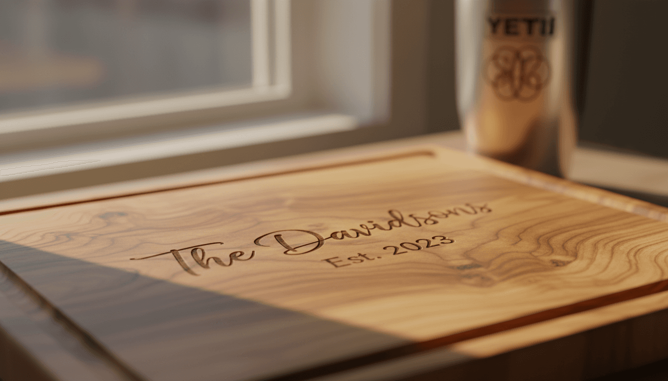 Close-up of personalized wooden cutting board with engraved family name in elegant script, showcasing Lasered Impact craftsmanship