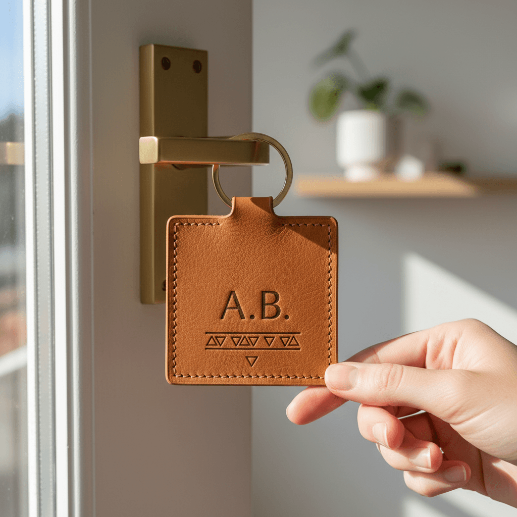 Leather keychain with personalized initials engraving