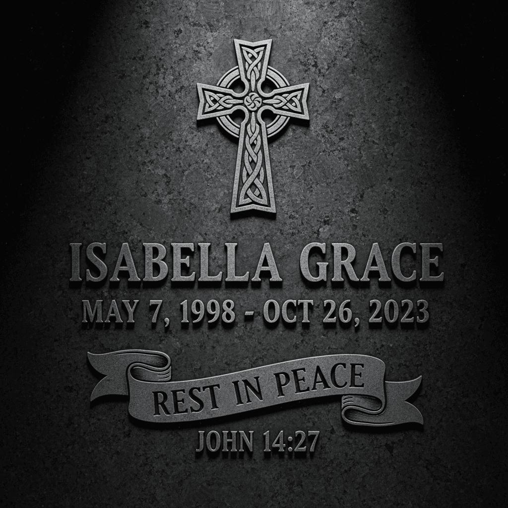Memorial stone with engraved cross and bible verse