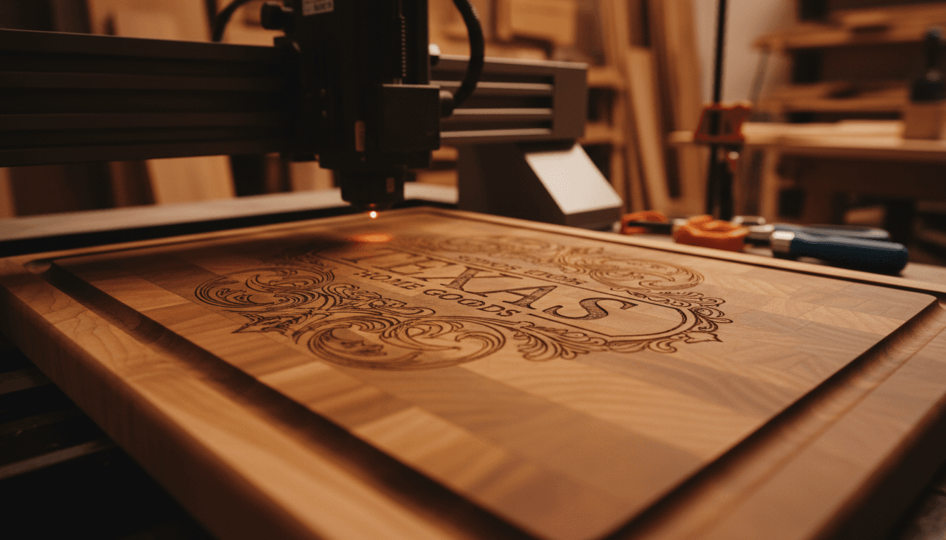 Custom laser engraving machine precisely etching a personalized design onto a wooden cutting board