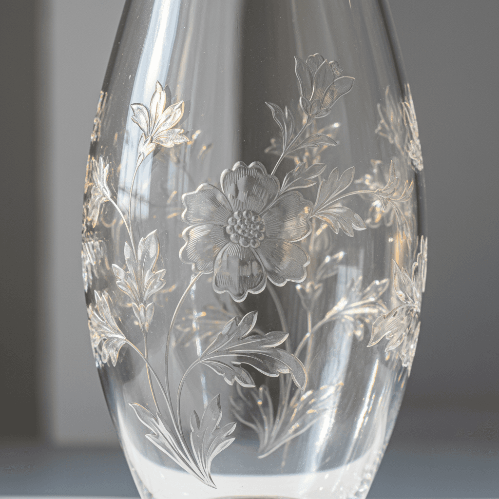 Glass vase with decorative floral engraving