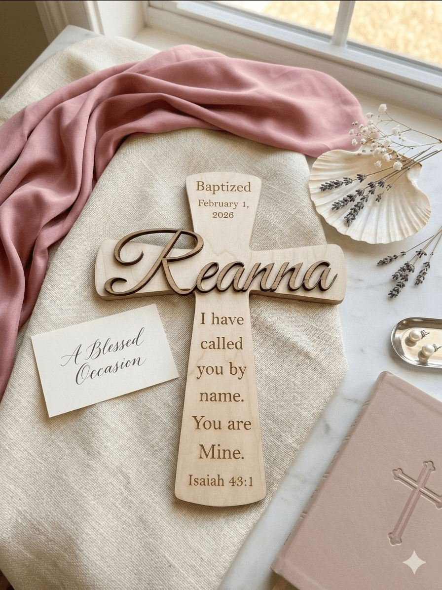 Engraved wooden baptism cross for Reanna with Isaiah 43:1, surrounded by soft pink keepsakes.