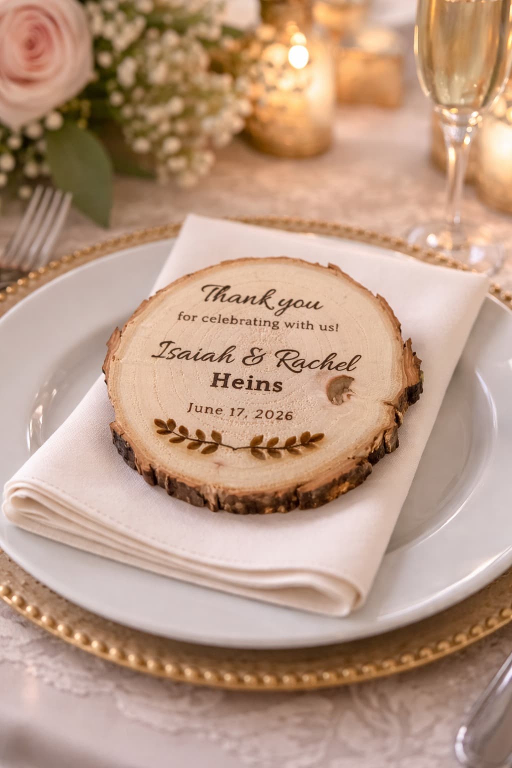 Engraved wood slice wedding favor on a white napkin and gold-rimmed plate with flowers.