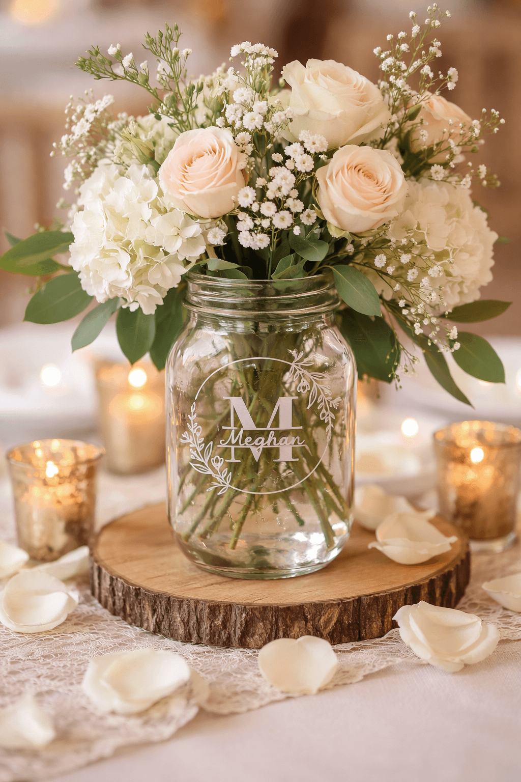 Personalized mason jar centerpiece with pink roses and white hydrangeas on a rustic wooden slice.